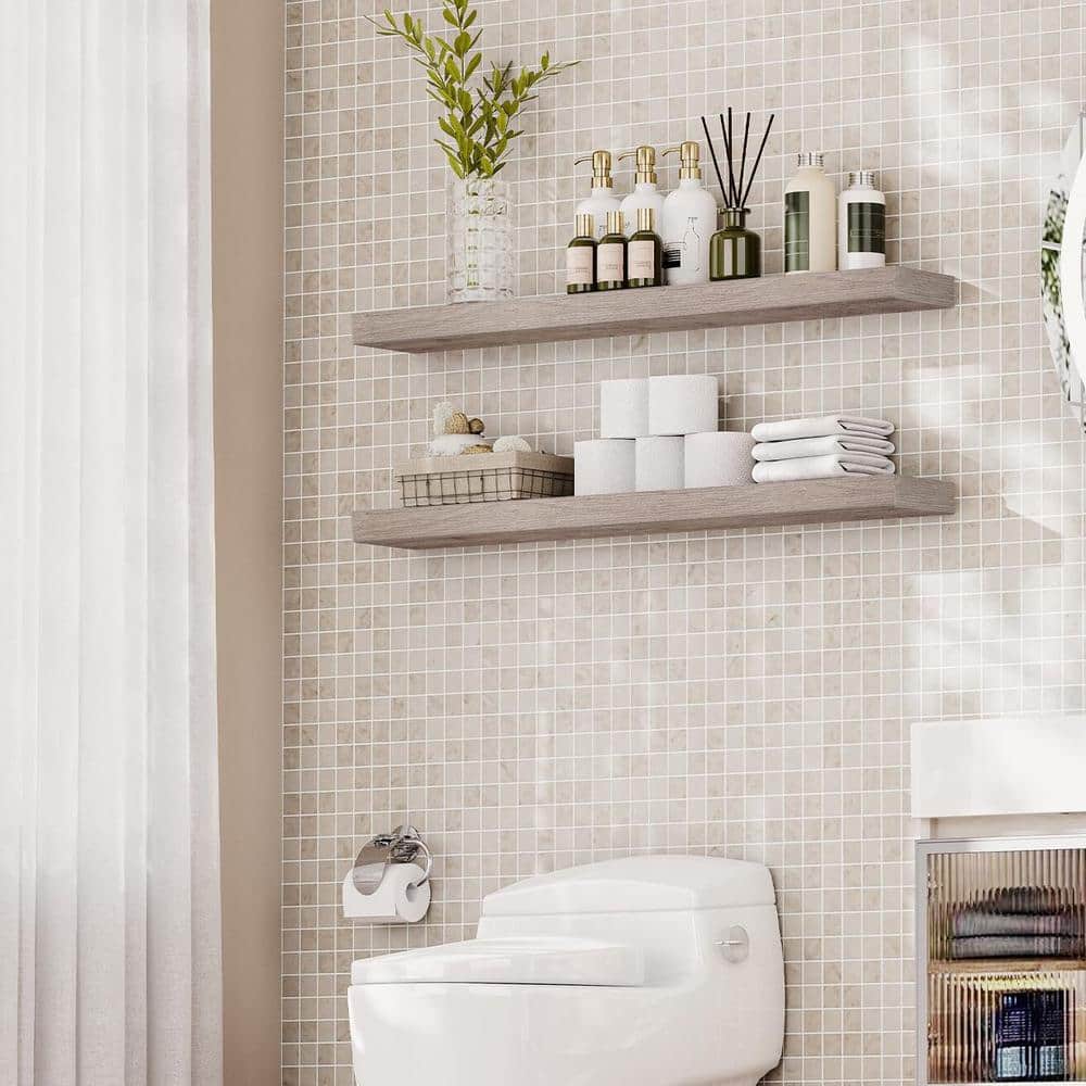 47.2" Greige Wood Floating Wall Shelf Set with Invisible Brackets