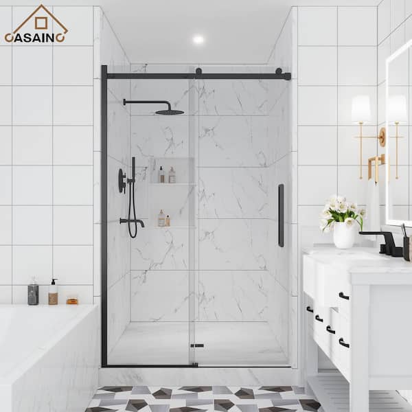 CASAINC 48 in. W x 76 in. H Sliding Frameless Shower Door in Matte Black with SGCC certification