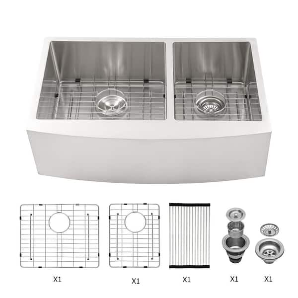 Magic Home 16-Gauge Stainless Steel 33 in. Double Bowl 60/40 Farmhouse/Apron-Front Kitchen Sink