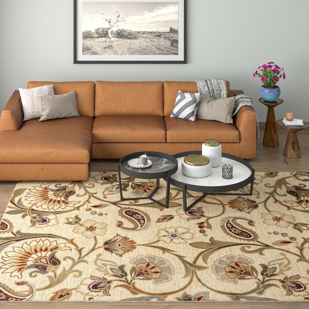 Ivory Floral Synthetic 4' x 6' Area Rug