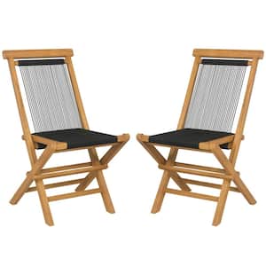 2-Piece Black Teak Wood Patio Folding Beach Chair with Woven Rope Seat and Back for Porch Backyard Poolside