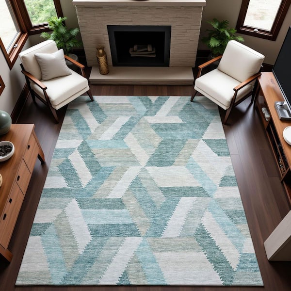 Mayfield Premium Machine Washable Abstract AMF1241 Teal 3 ft. x 4 ft. Area Rug