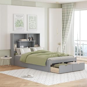 Gray Wood Frame Full Size Platform Bed with Storage Headboard and Drawer