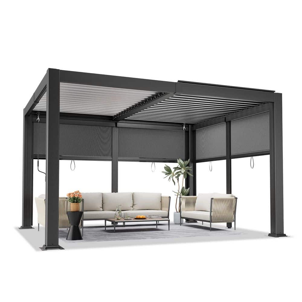 VIWAT 10 ft. x 12 ft. Black Aluminum Outdoor Louvered Pergola With