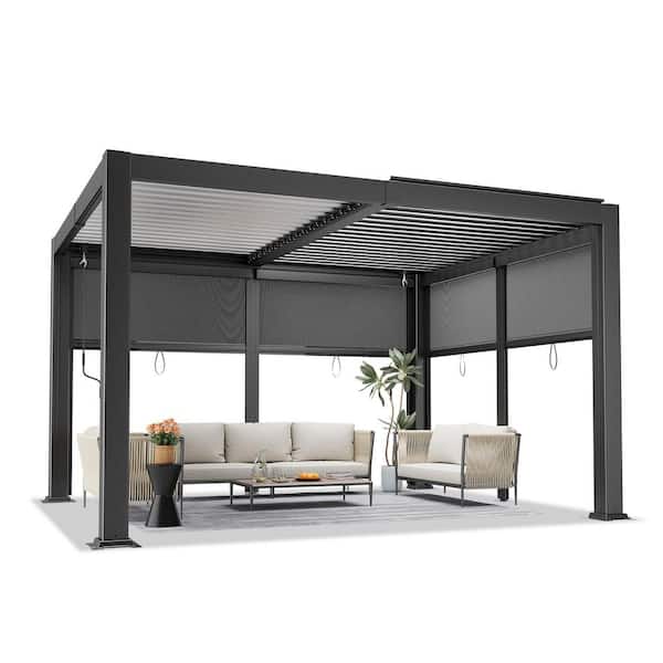 10 ft. x 12 ft. Black Aluminum Outdoor Louvered Pergola With Water-tight Adjustable Roof and Shade Screen