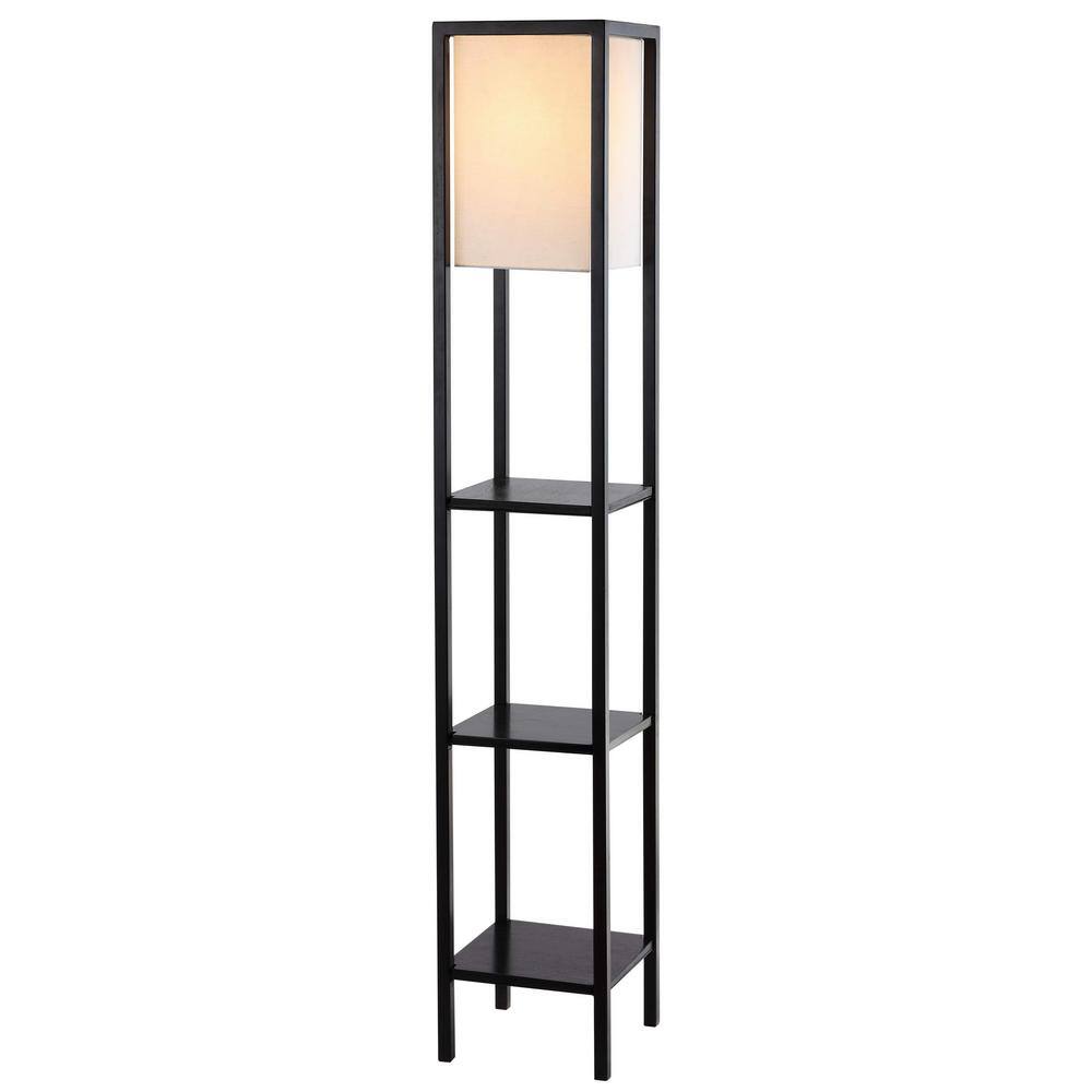 Black Metal Adjustable Shelf Floor Lamp with Off-White Shade