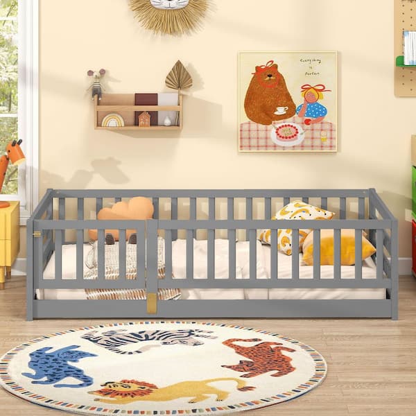 Twin Size Floor Bed w/High Fence & Door Safety Guardrails Wood Floor Bed Frame Gray