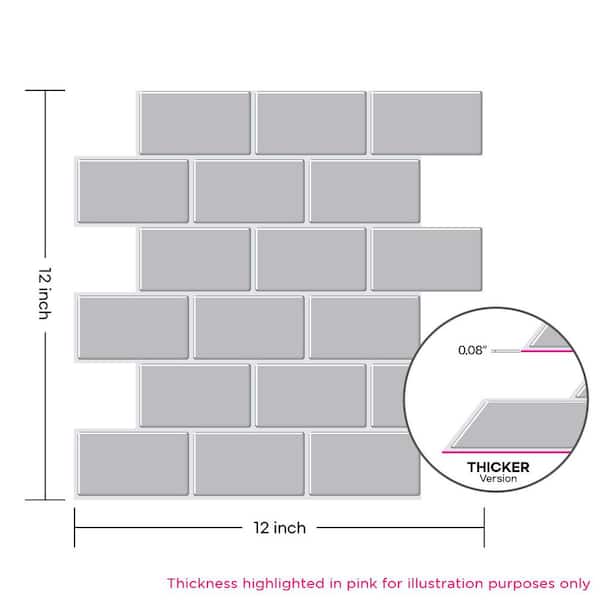 Thicker Subway Gray 12 in. x 12 in. PVC Self-Adhesive Peel and Stick Tile (8.5 sq. ft./10-Pack)