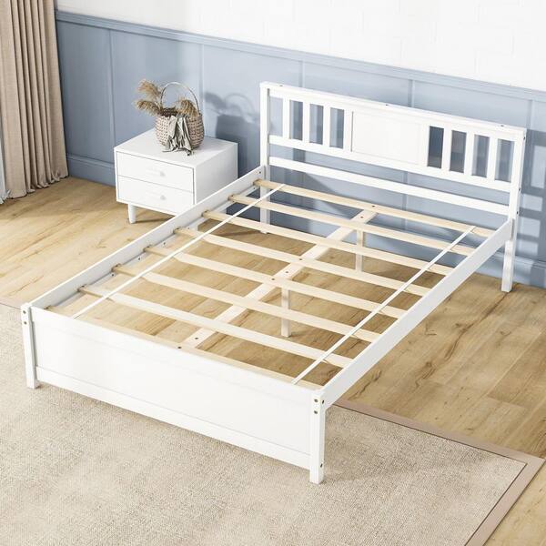 Gymax White Wood Frame Full Size Platform Bed w/ Headboard Support