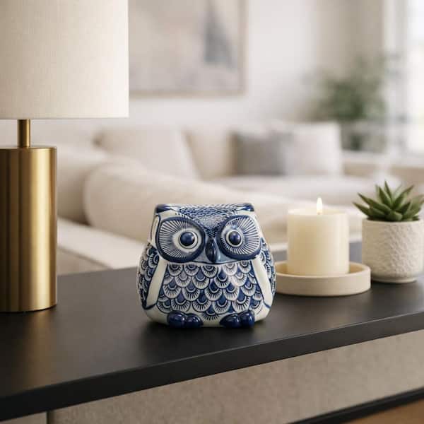 Blue 6 in. x 5 in. Ceramic Chinoiserie Owl Figurine