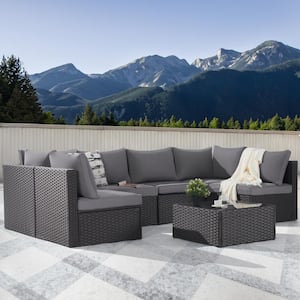 7-Piece Wicker Patio Conversation Sofa Set, Outdoor Sectional Seating with Tempered Glass, Gray Cushion