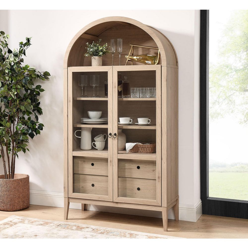 Nolan Light Oak Tall Arched Storage Display Cabinet with Glass Doors