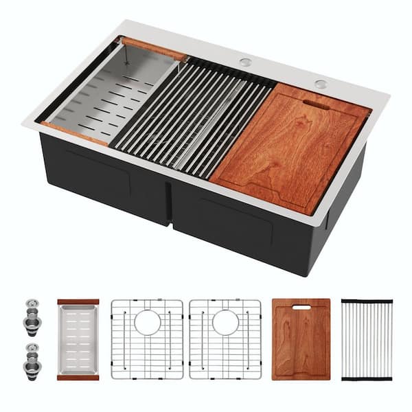 33 in. Drop-in Low Divide Double Bowl 50/50 Stainless Steel 16-Guage 10 in. Deep Workstation Kitchen Sink w/ Accessories