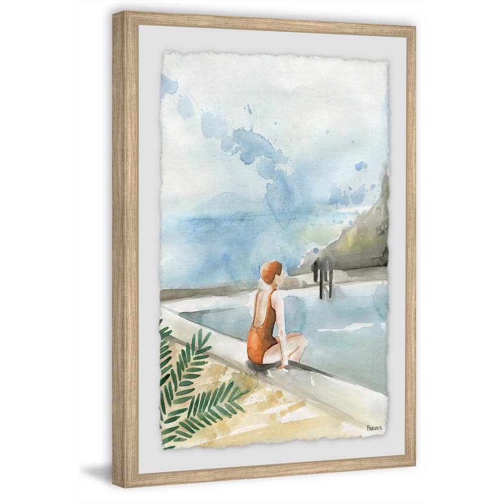Blue and Beige Framed Canvas Print of Woman by Pool