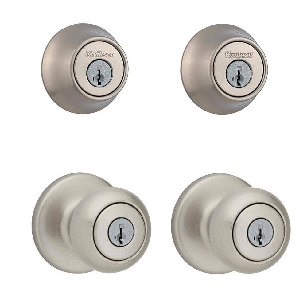 Kwikset Cove Satin Nickel Keyed Entry Door Knob and Single Cylinder Deadbolt  Project Pack featuring SmartKey and Microban T242CV15SMTCPCO The Home  Depot