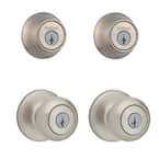 Cove Satin Nickel Keyed Entry Door Knob and Single Cylinder Deadbolt Project Pack featuring SmartKey and Microban