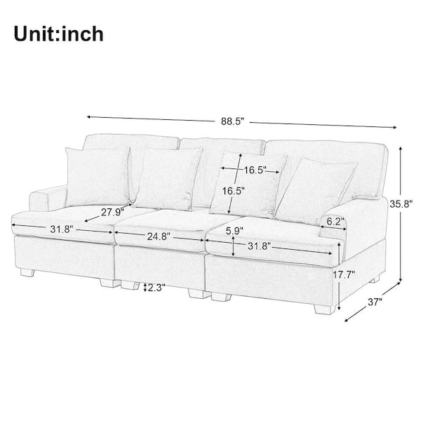 88.5 in. W Square Arm 3-Seats Linen Sofa with Removable Back, Seat CUS