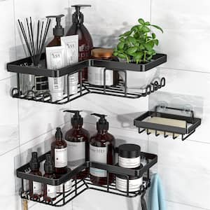 Wall Mount Adhesive Corner Shower Caddy with Soap Holder and 12 Hooks in Black (3 Pack)