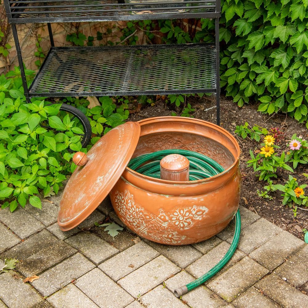 Copper and Green Patina Embossed Bird Hose Holder with Lid
