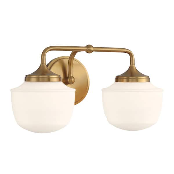 Minka Lavery Cornwell 16 in. 2-Light Aged Brass Vanity Light with Etched Opal Glass Shades