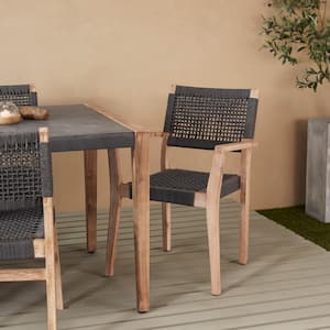 Dark Gray Wood Outdoor Dining Chair with Woven Seat and Back (2- Pack)