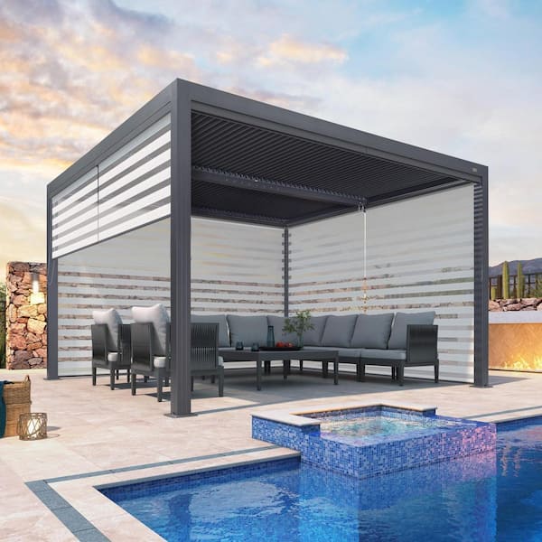 PURPLE LEAF 12 ft. x 12 ft. Gray Aluminum Louvered Pergola Gazebo with Adjustable Sunshade Roofs and 3-Side Roller Shade