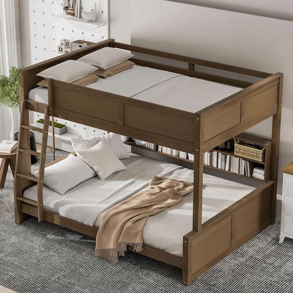 Antique Wood Color Full XL over Queen Bunk Bed with Storage Cabinets and USB Ports