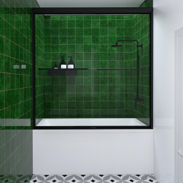 Hermitage Bath Nesso 60 in. W x 56 in. H Sliding Framed Bathtub Door Matte Black Finish with Transparent Glass
