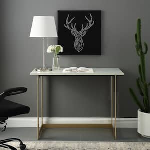 42 in. Rectangular Faux White Faux Marble/Gold Computer Desks with Storage