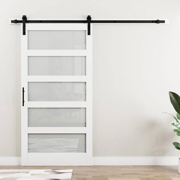 42 in. x 84 in. 5-Lite with Frosted Glass White MDF Pre-Drilled Sliding Barn Door with Hardware Kit Soft Close Include