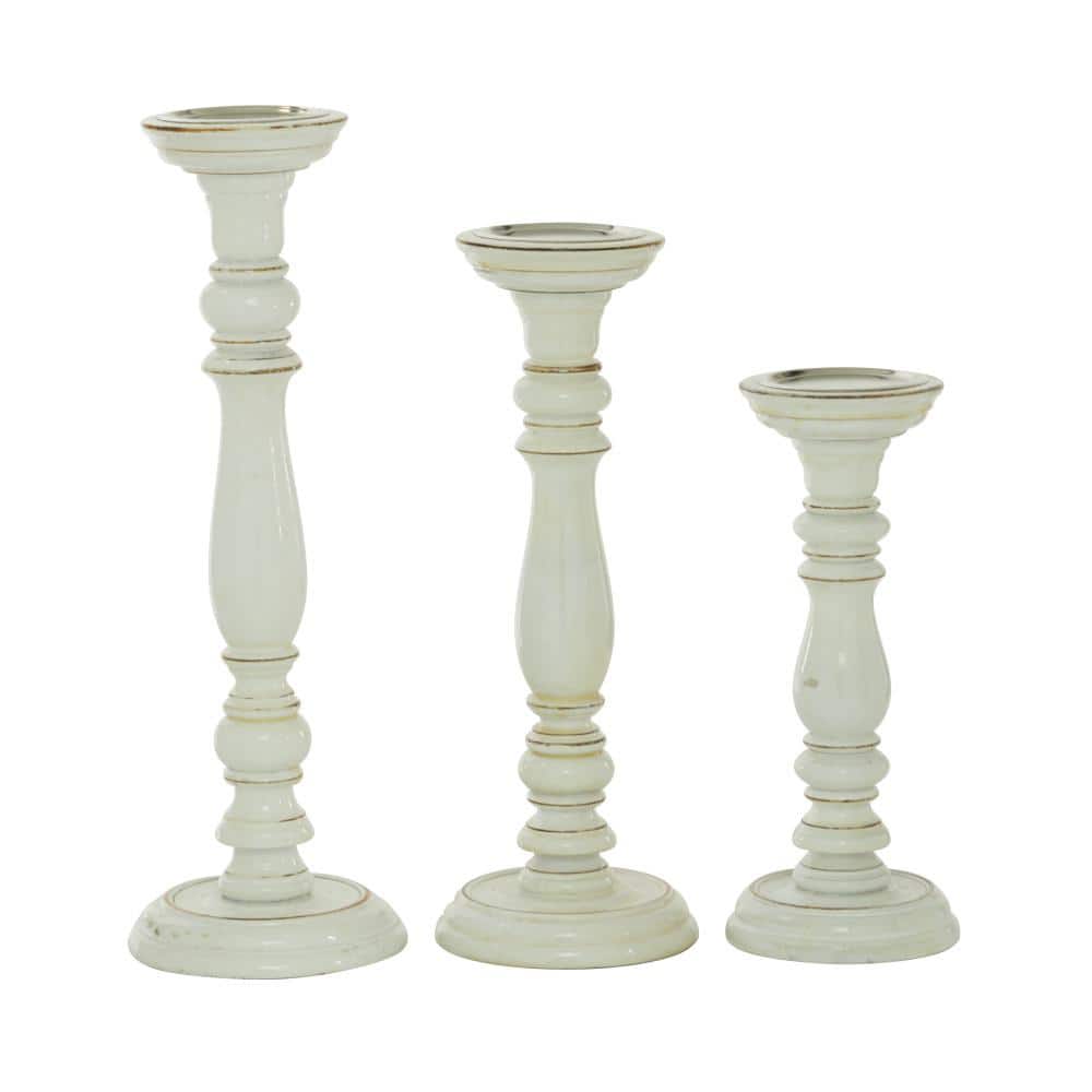 Elegant White Mango Wood Candlestick Trio - 17.9" Set