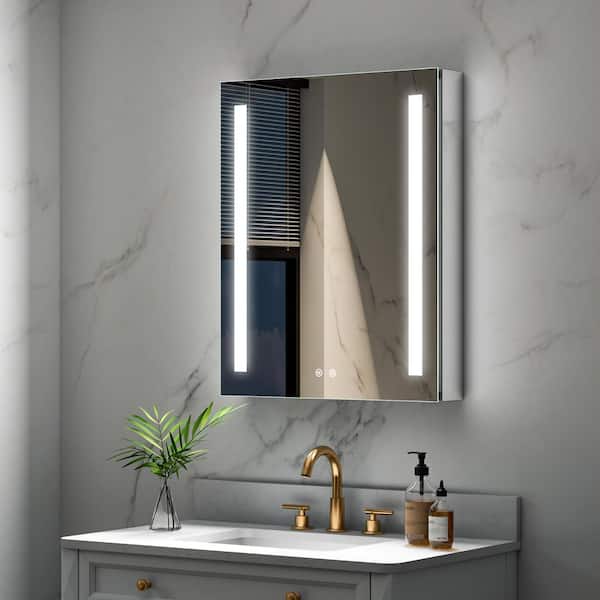 FORCLOVER 24 in. W x 30 in. H Rectangular Silver Aluminum Surface Mount Dimmable LED Medicine Cabinet with Mirror (Right Open)