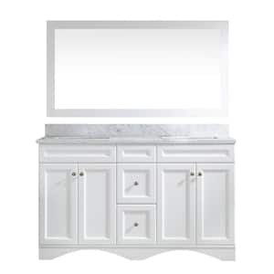 60 in. W x 22 in. D x 35.4 in. H Double Sink Solid Wood Bath Vanity in White with White Marble Top and Mirror