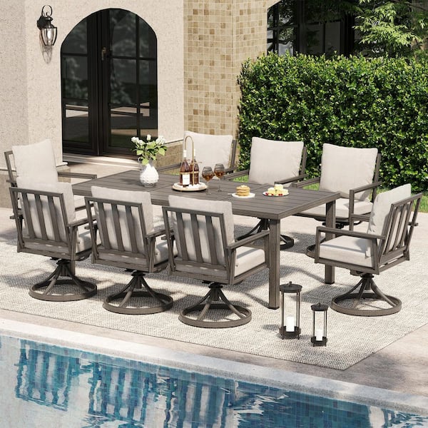 Quietude 9-Piece Gray Aluminum Patio Dining Set with Rectangular Table, 8 Swivel Dining Chairs and Light Gray Cushions