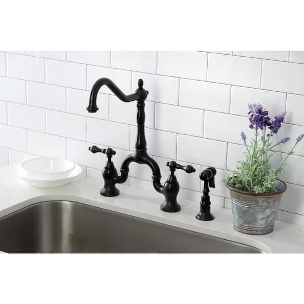 English Country Double-Handle Deck Mount Gooseneck Bridge Kitchen Faucet with Brass Sprayer in Matte Black