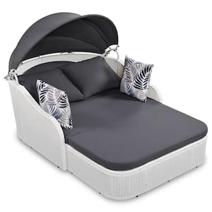 White Wicker Outdoor Day Bed Patio Sunbed and Adjustable Canopy with Gray Cushion