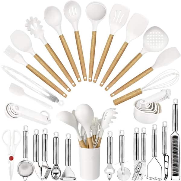 35-Piece White Kitchen Utensils with Wooden Handles, Including Grater,Tongs, Spoon Spatula and Turner