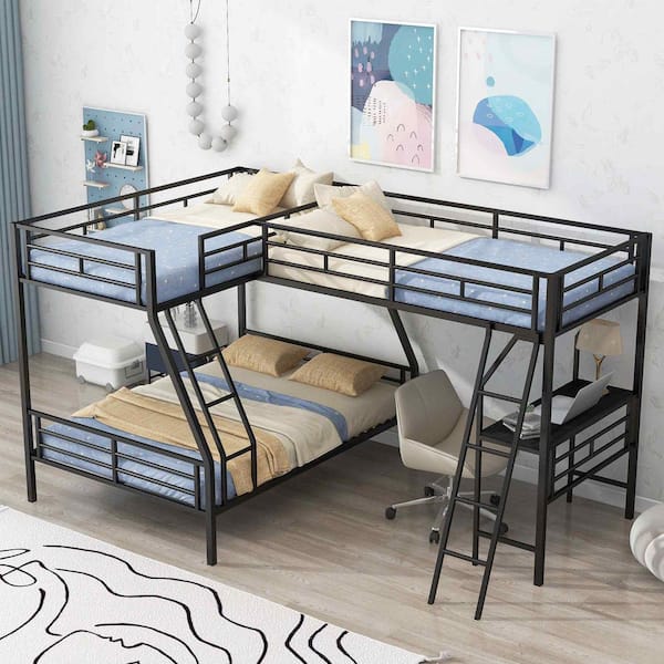 Polibi Black Twin over Full Bunk Bed with a Twin Size Loft Bed attached, with a Desk, Metal