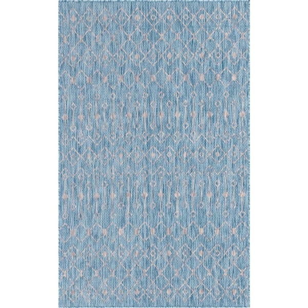 Aqua Blue/Gray Tribal Trellis Outdoor 9 ft. x 12 ft. Area Rug