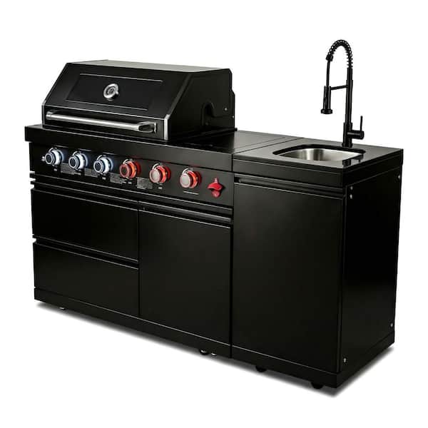 4-Burner Propane Outdoor Kitchen Grill Island with Side Burner, Rotisserie, Granite Countertop in Stainless Steel