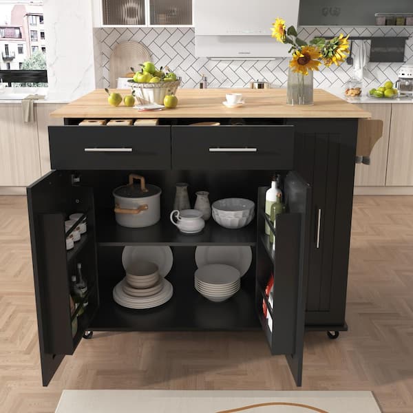 Runesay Black Rubber Wood 46 in. W Kitchen Island Cart with 3 Tier Pull Out Cabinet Organizer and Internal Storage Rack