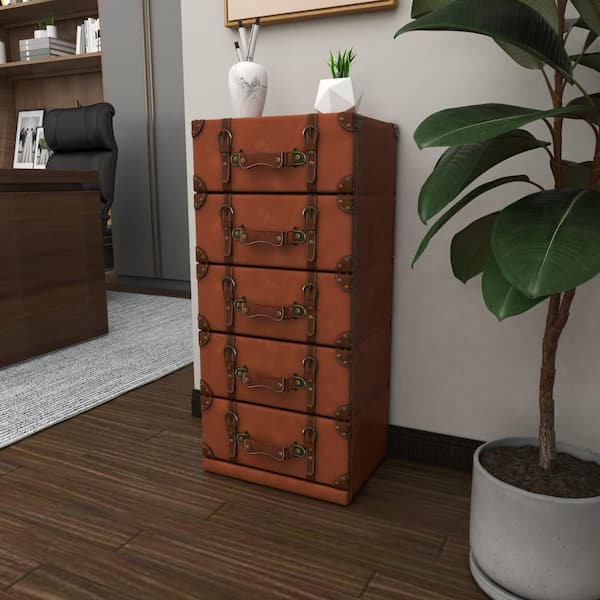 Litton Lane 5 Drawers Brown Wood Faux Leather Chest with Buckle and Strap Detailing 35 in. X 16 in. X 14 in.