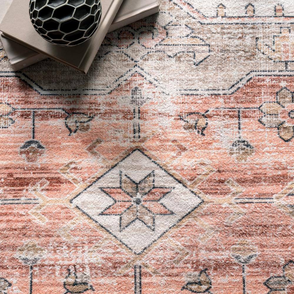 Beige and Coral Vintage Medallion Machine Washable Runner Rug