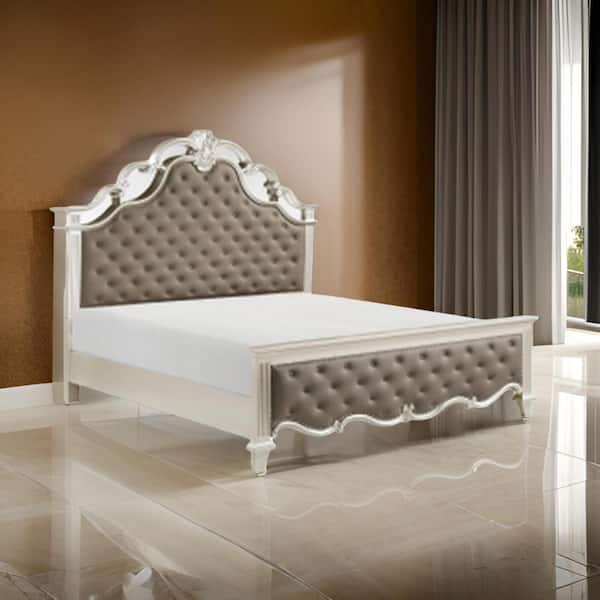Benjara Xeni Gray and Silver Champagne Wood Frame Queen Size Platform Bed