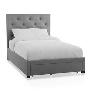 Stevies Gray Twin Upholstered Wood Frame Platform Bed With Foot Drawer