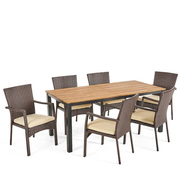 Marconi Brown 7-Piece Wood and Faux Rattan Outdoor Dining Set with Cream Cushions