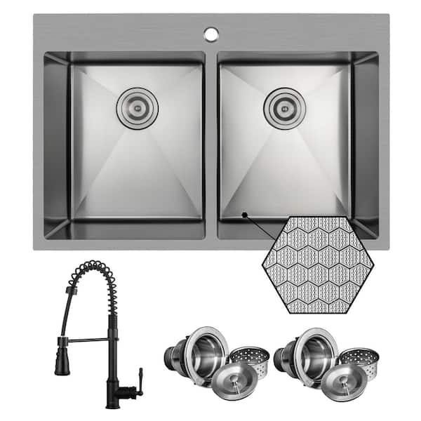 HEX 33 in. Drop-in Double Bowl Gunmetal Black Stainless Steel Kitchen Sink with Faucet