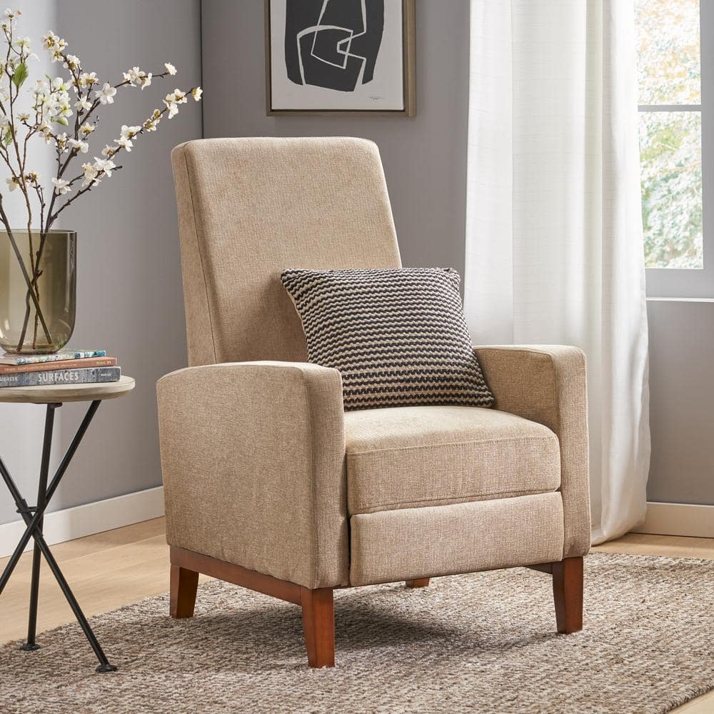 Sand and Brown Manual Pushback Wood Recliner