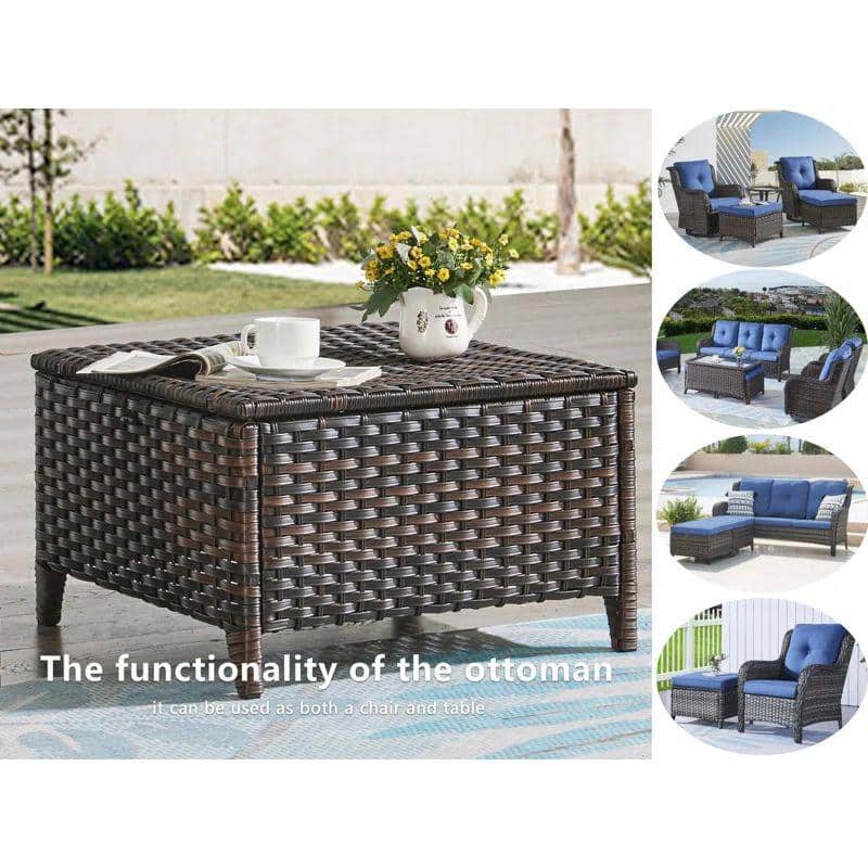 Carolina Brown Steel Wicker Outdoor Ottoman with Blue Cushions