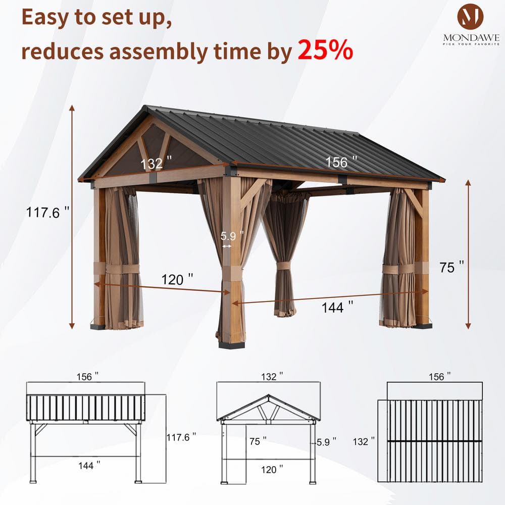 11' x 13' Brown Aluminum Patio Gazebo with Black Roof